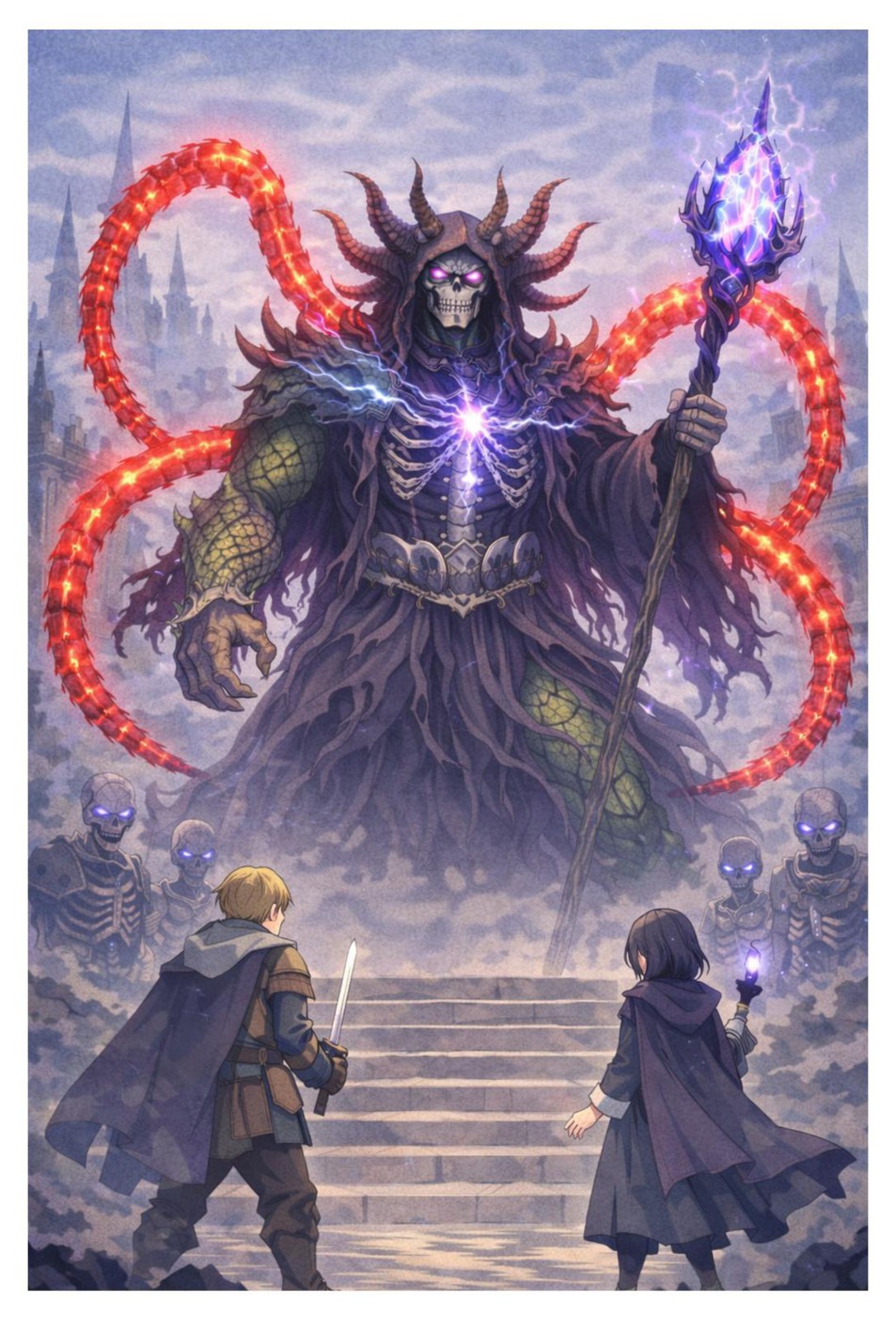 A large magical demon figure in a ruined city